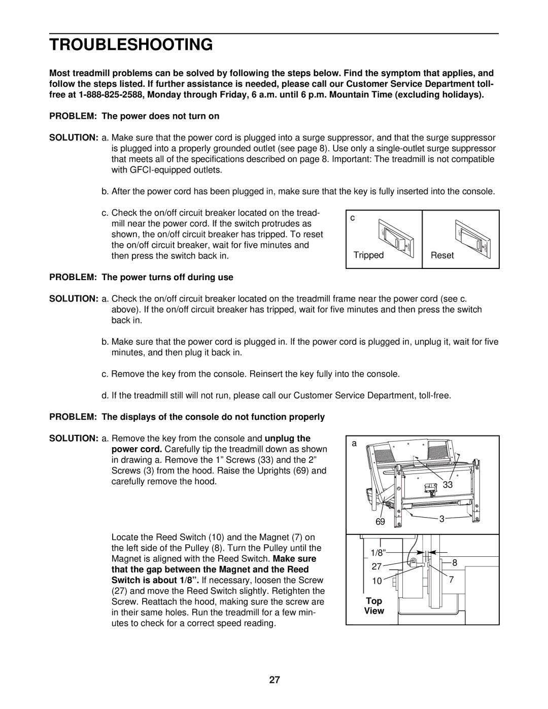 NordicTrack NTL14941 user manual Troubleshooting, Problem The power turns off during use, Top View 