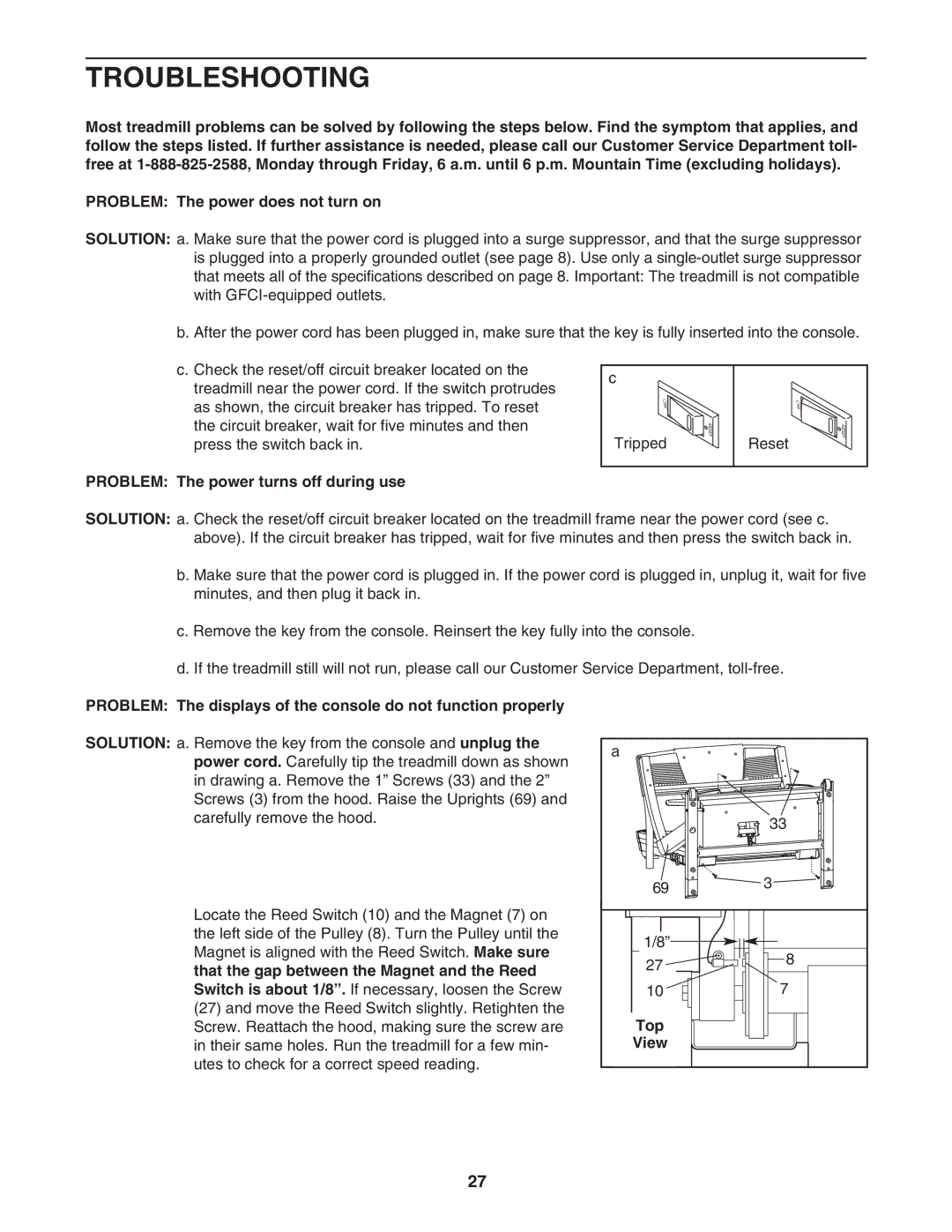 NordicTrack NTL14942 user manual Troubleshooting, Problem The power turns off during use, Top 