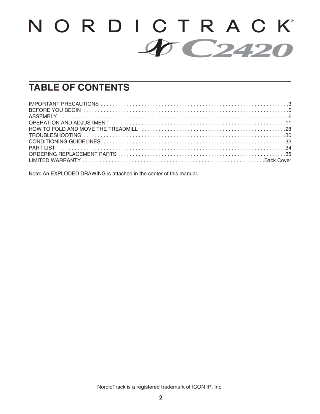 NordicTrack NTL14950 user manual Table of Contents 