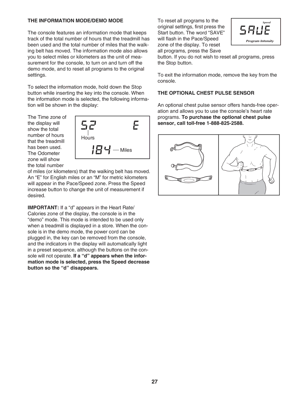 NordicTrack NTL14950 user manual Information MODE/DEMO Mode, Optional Chest Pulse Sensor 