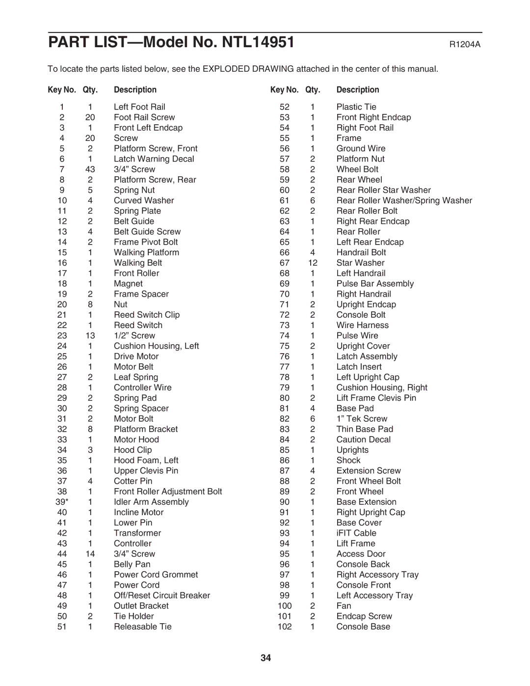 NordicTrack NTL14951 user manual R1204A, Qty Description 