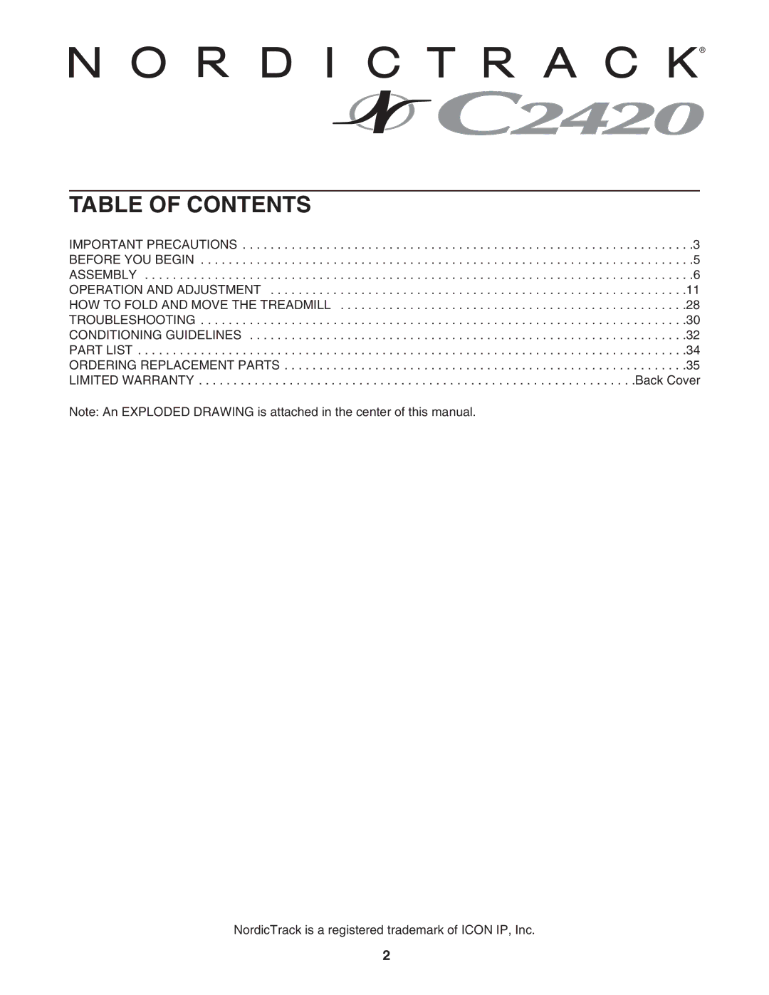 NordicTrack NTL1495.2 user manual Table of Contents 