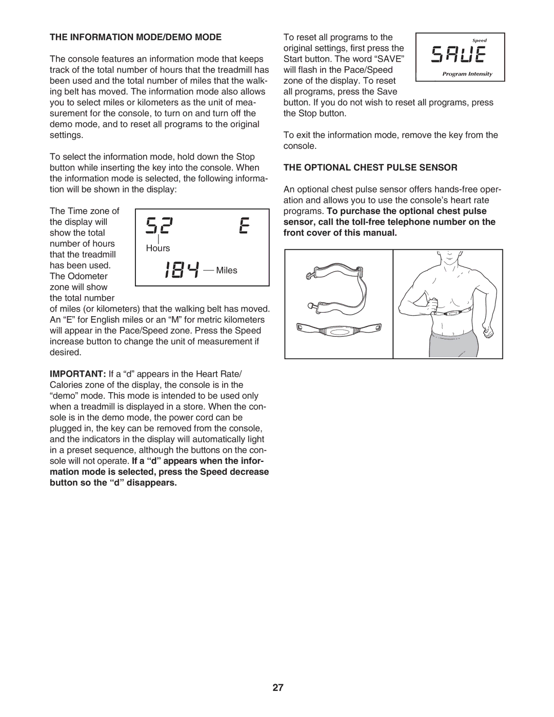 NordicTrack NTL1495.2 user manual Information MODE/DEMO Mode, Optional Chest Pulse Sensor 