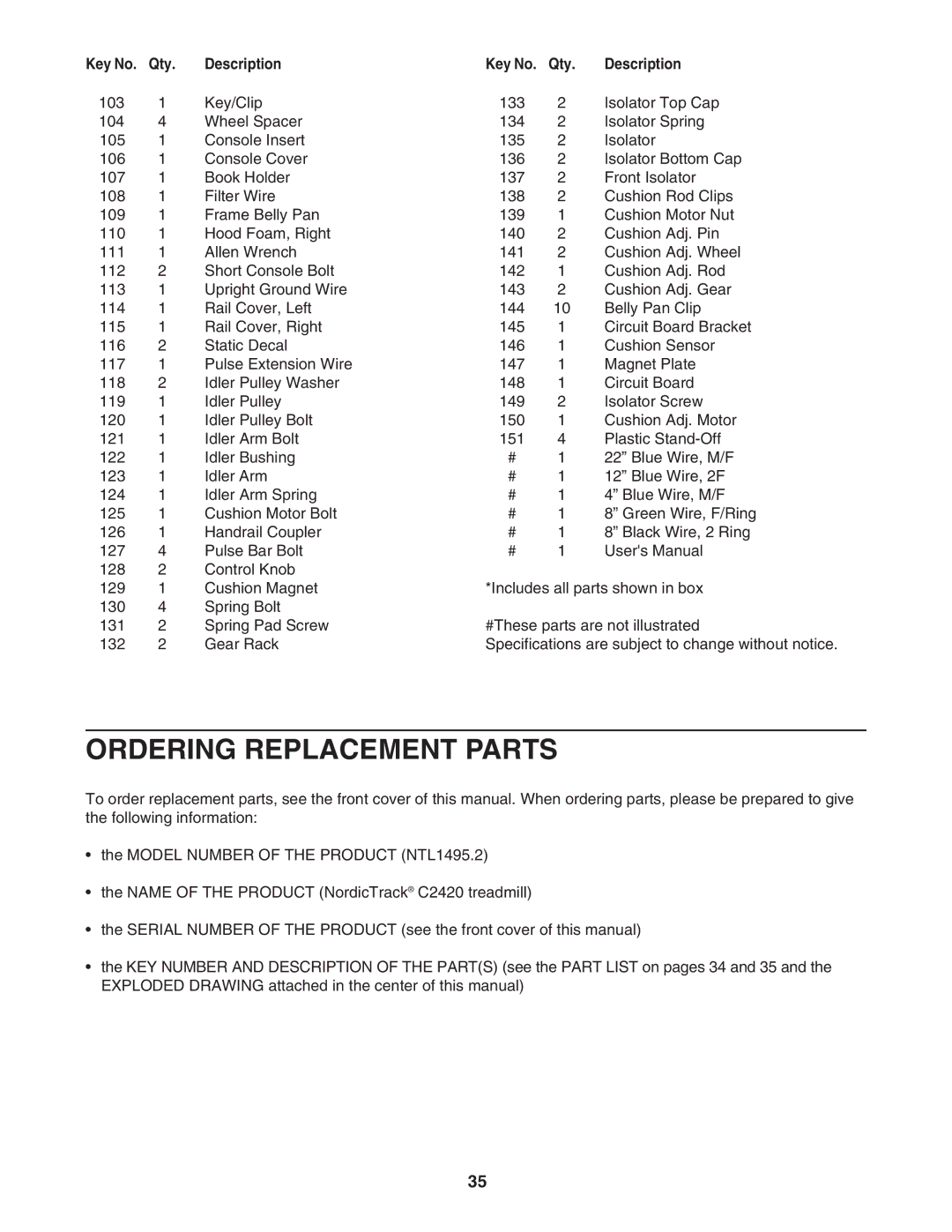 NordicTrack NTL1495.2 user manual Ordering Replacement Parts, Description Qty 