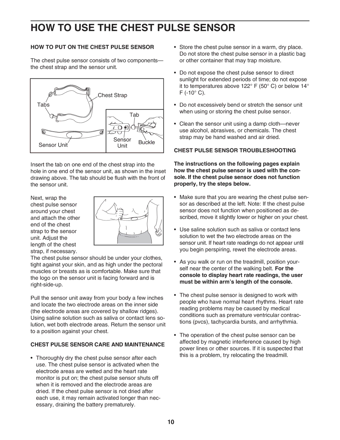 NordicTrack NTL15007.0 user manual HOW to USE the Chest Pulse Sensor, HOW to PUT on the Chest Pulse Sensor 