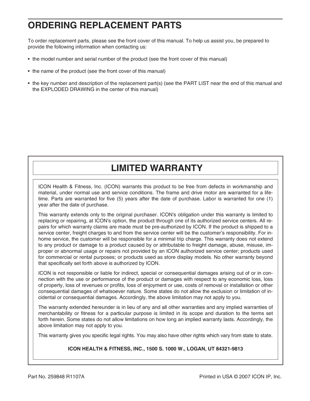 NordicTrack NTL15007.0 Ordering Replacement Parts, Limited Warranty, Icon Health & FITNESS, INC., 1500 S W., LOGAN, UT 