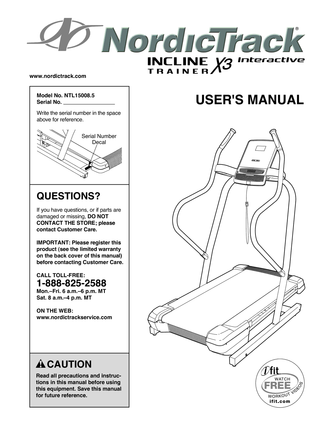 NordicTrack user manual Questions?, Model No. NTL15008.5 Serial No, Mon.-Fri a.m.-6 p.m. MT Sat a.m.-4 p.m. MT 