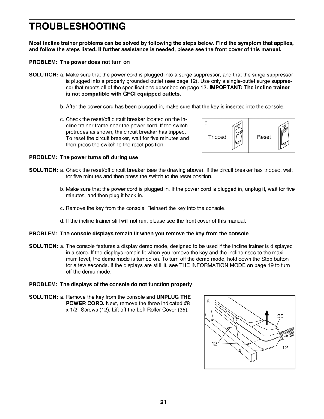 NordicTrack NTL15008.5 Troubleshooting, Important The incline trainer, Is not compatible with GFCI-equipped outlets 