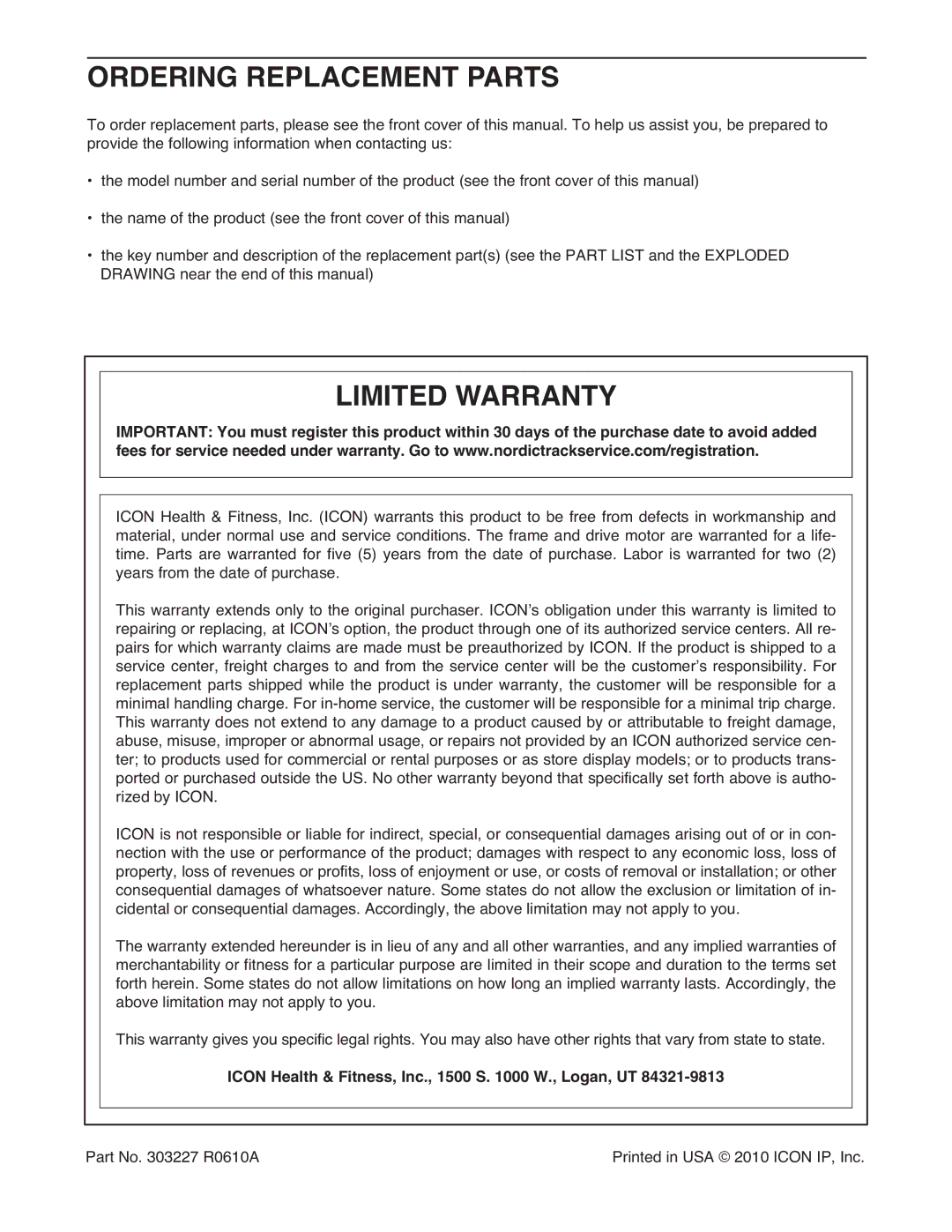 NordicTrack NTL15809.1 Ordering Replacement Parts, Limited Warranty, Icon Health & Fitness, Inc., 1500 S W., Logan, UT 