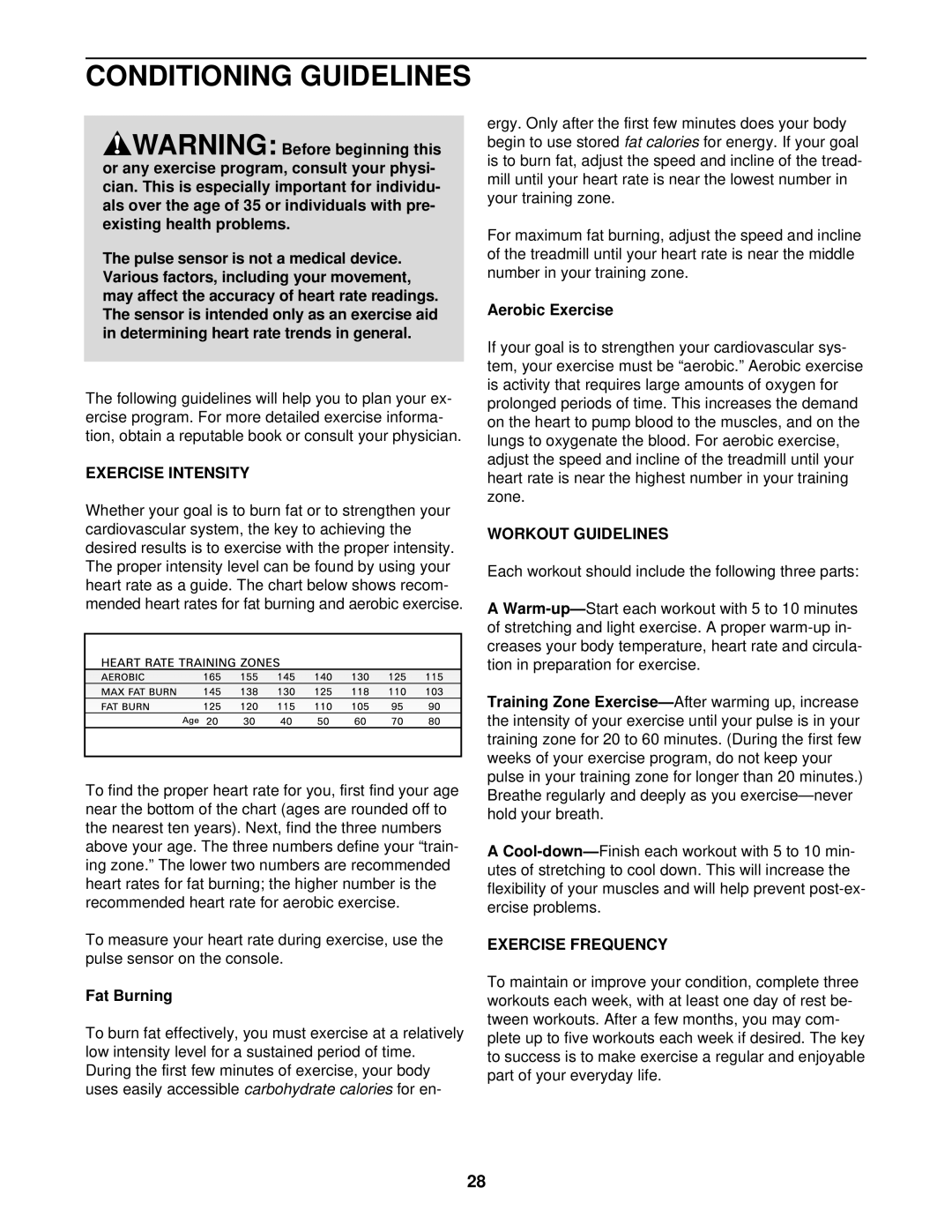 NordicTrack NTL15921 user manual Conditioning Guidelines, Exercise Intensity, Workout Guidelines, Exercise Frequency 