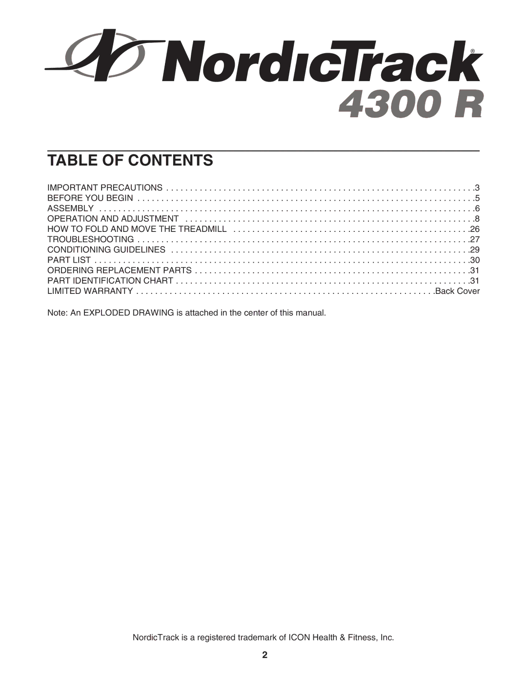 NordicTrack NTL15940 user manual Table of Contents 