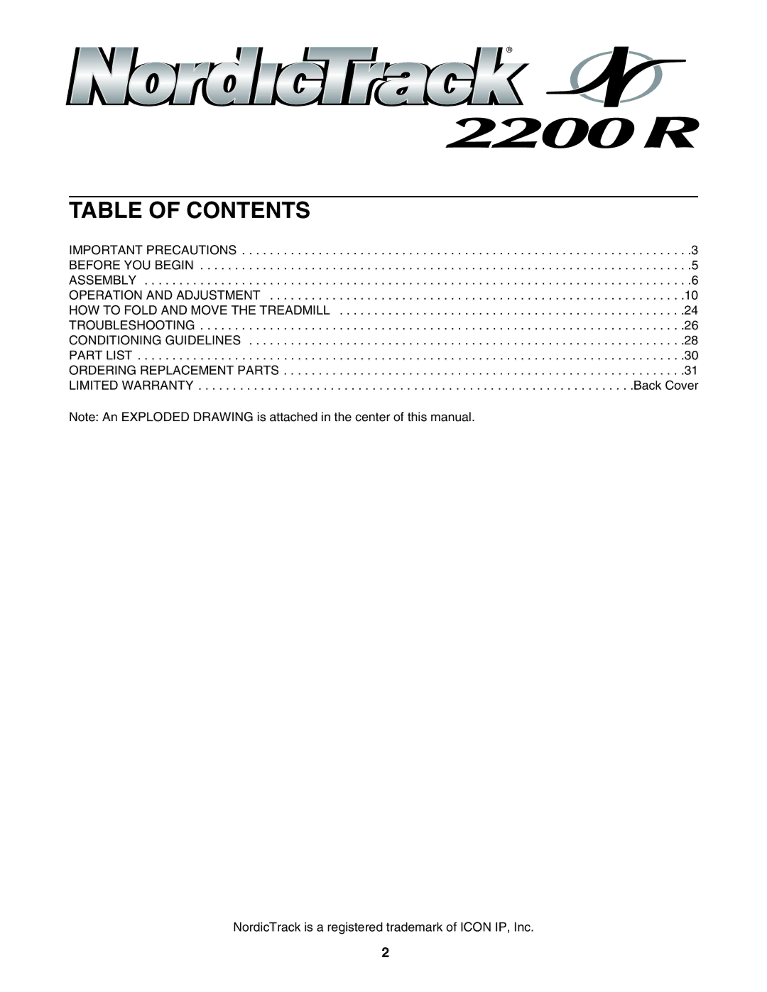 NordicTrack NTL1595.1 user manual Table of Contents 