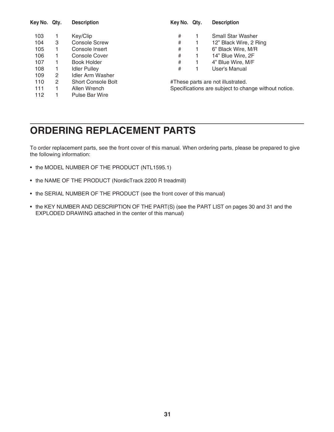 NordicTrack NTL1595.1 user manual Ordering Replacement Parts 