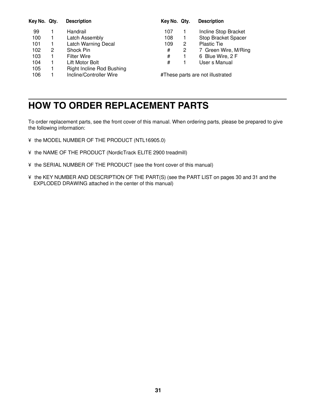 NordicTrack NTL16905.0 user manual HOW to Order Replacement Parts 