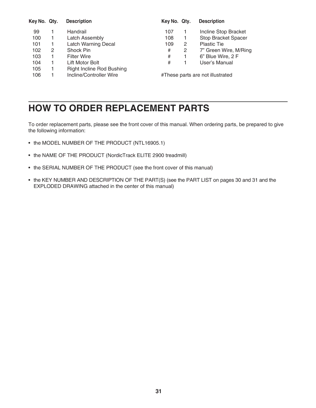 NordicTrack NTL16905.1 user manual HOW to Order Replacement Parts 