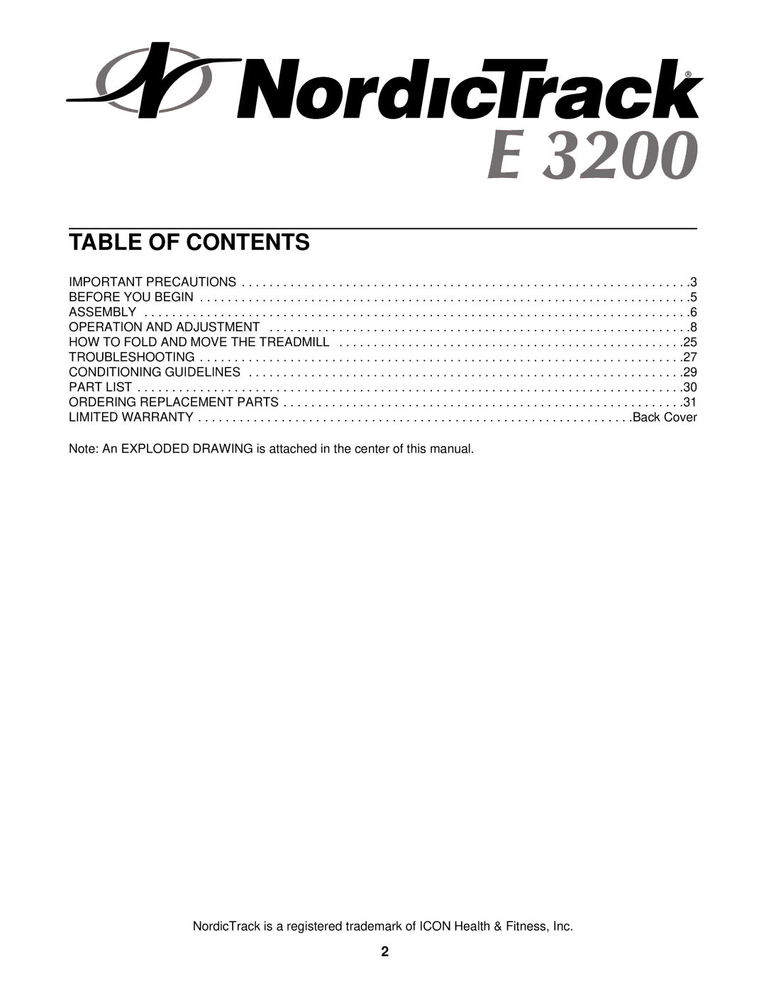 NordicTrack NTL16920 user manual Table of Contents 