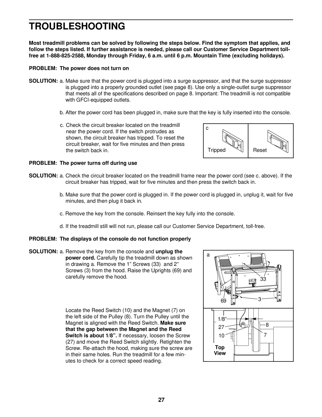 NordicTrack NTL16920 Troubleshooting, Problem The power turns off during use, Solution, Power cord, Switch is about 1/8 