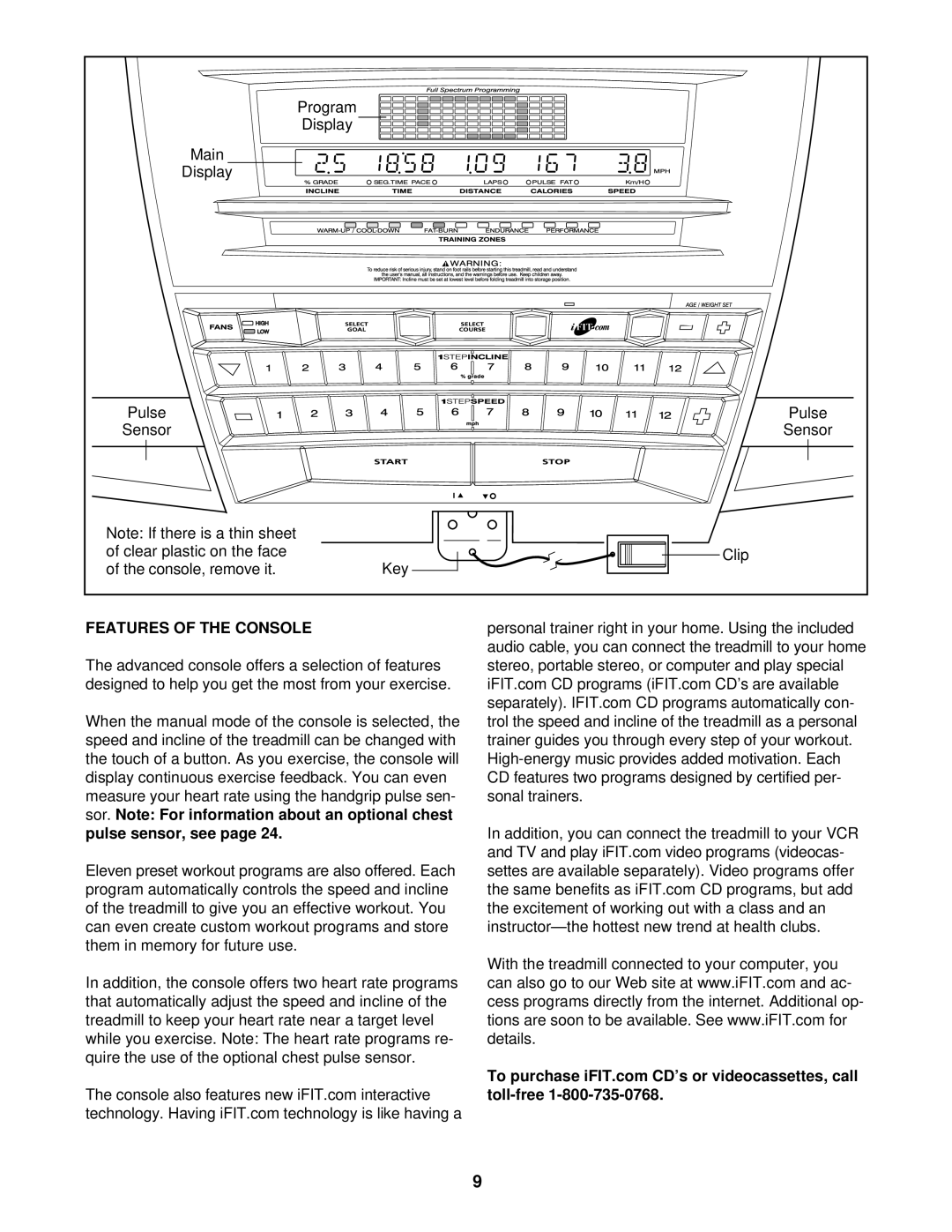 NordicTrack NTL16920 user manual Features of the Console, Pulse sensor, see, Them in memory for future use, Toll-free 