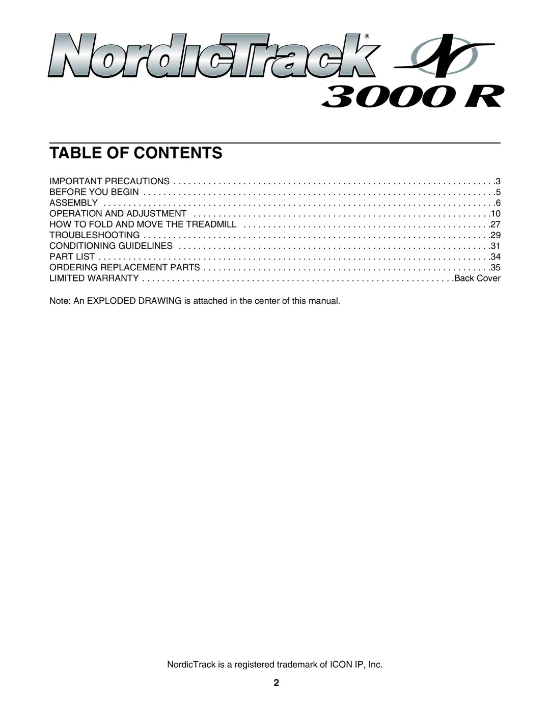 NordicTrack NTL16950 user manual Table of Contents 