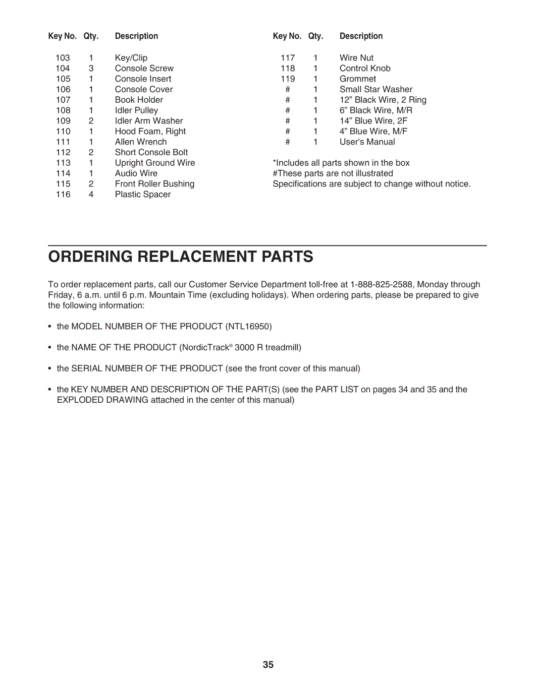 NordicTrack NTL16950 user manual Ordering Replacement Parts 