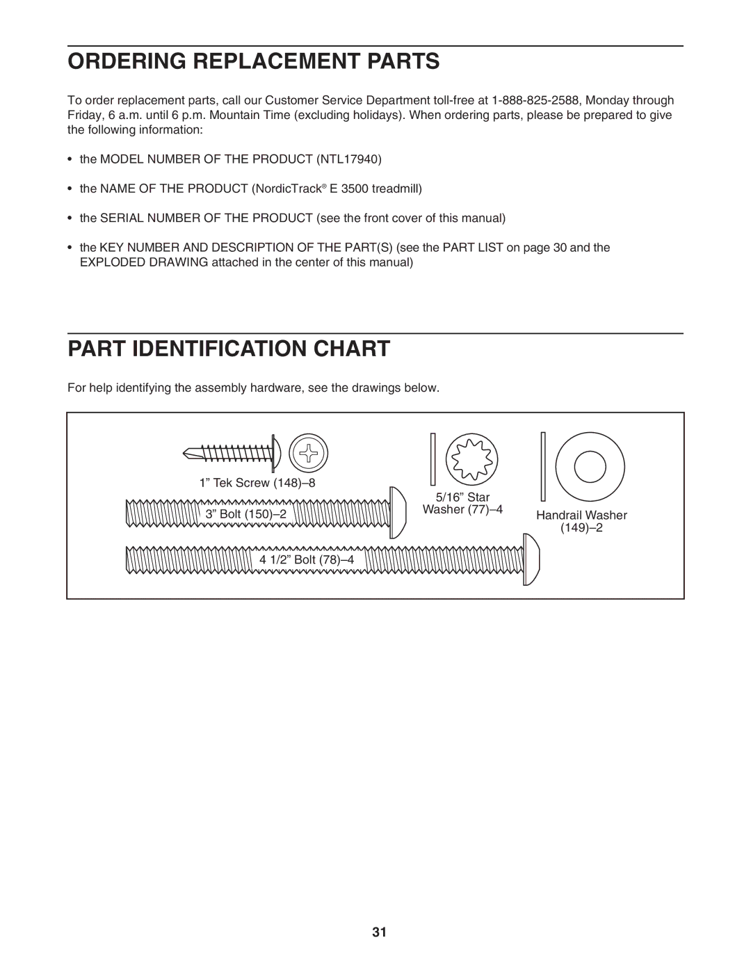 NordicTrack NTL17940 user manual Ordering Replacement Parts, Part Identification Chart 