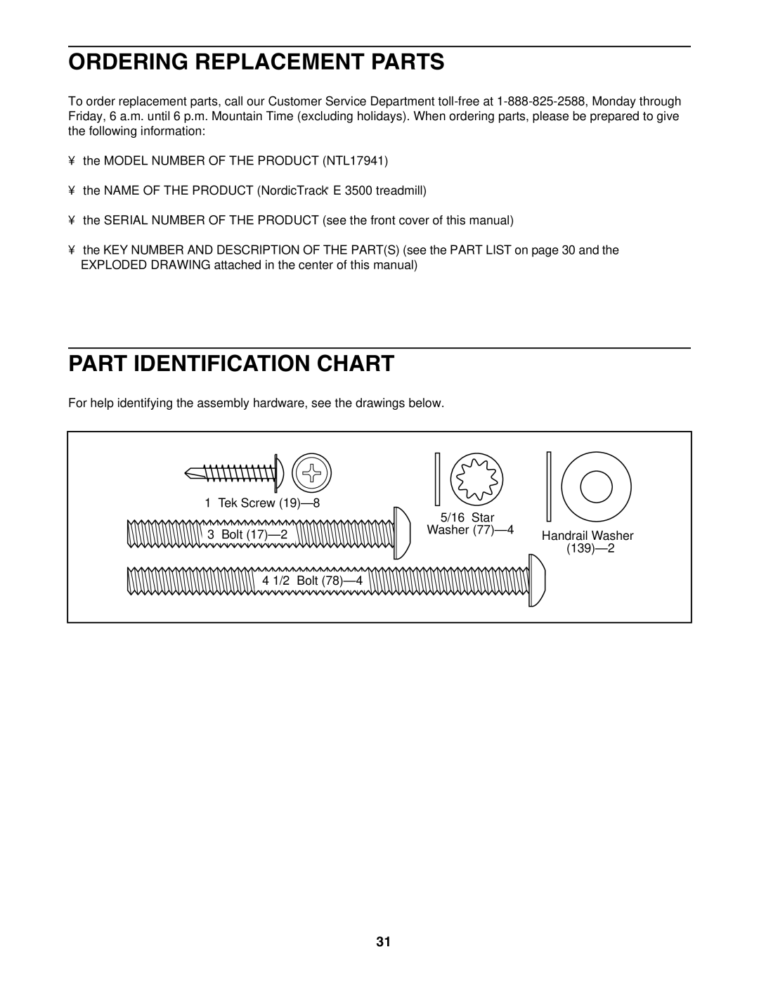 NordicTrack NTL17941 user manual Ordering Replacement Parts, Part Identification Chart 