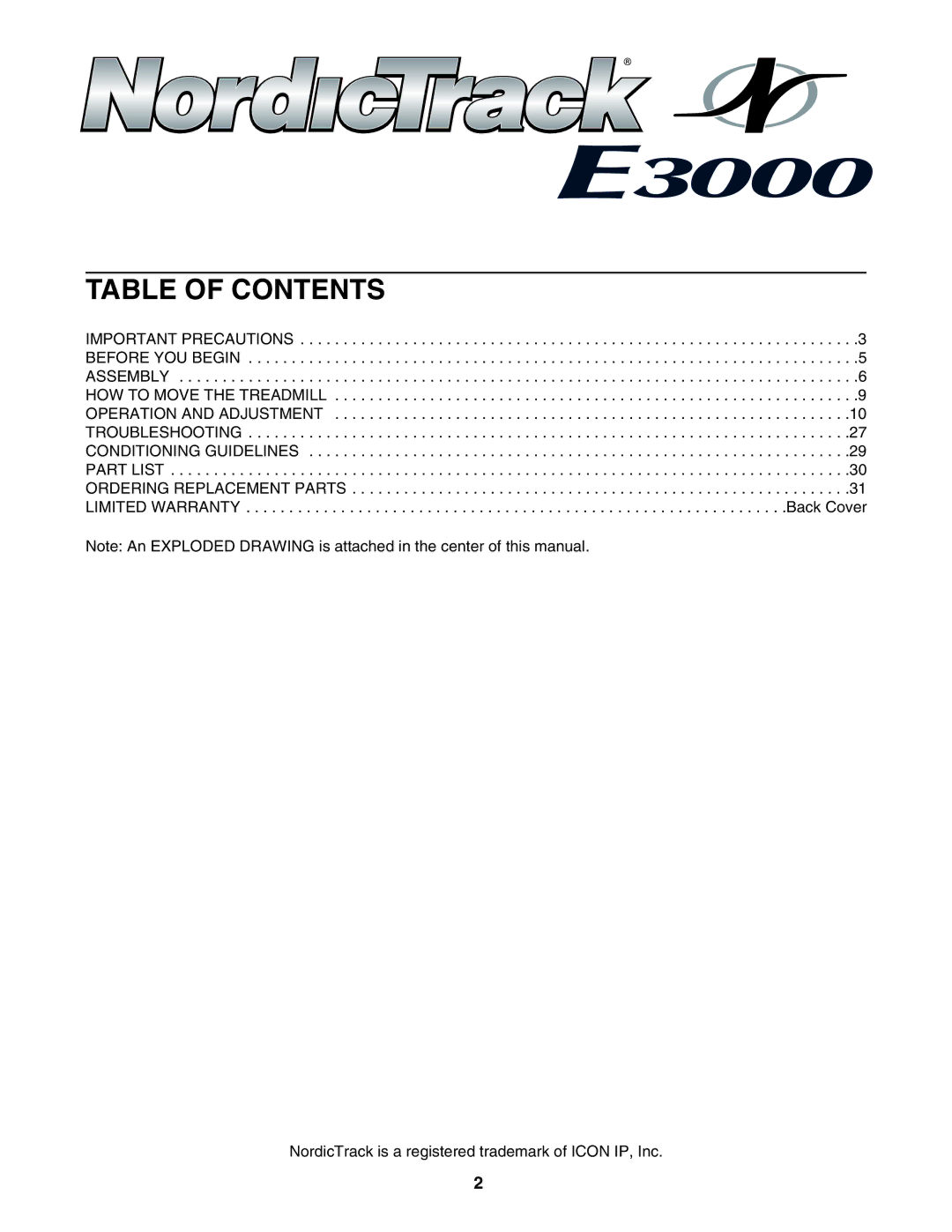 NordicTrack NTL1795.2 user manual Table of Contents 