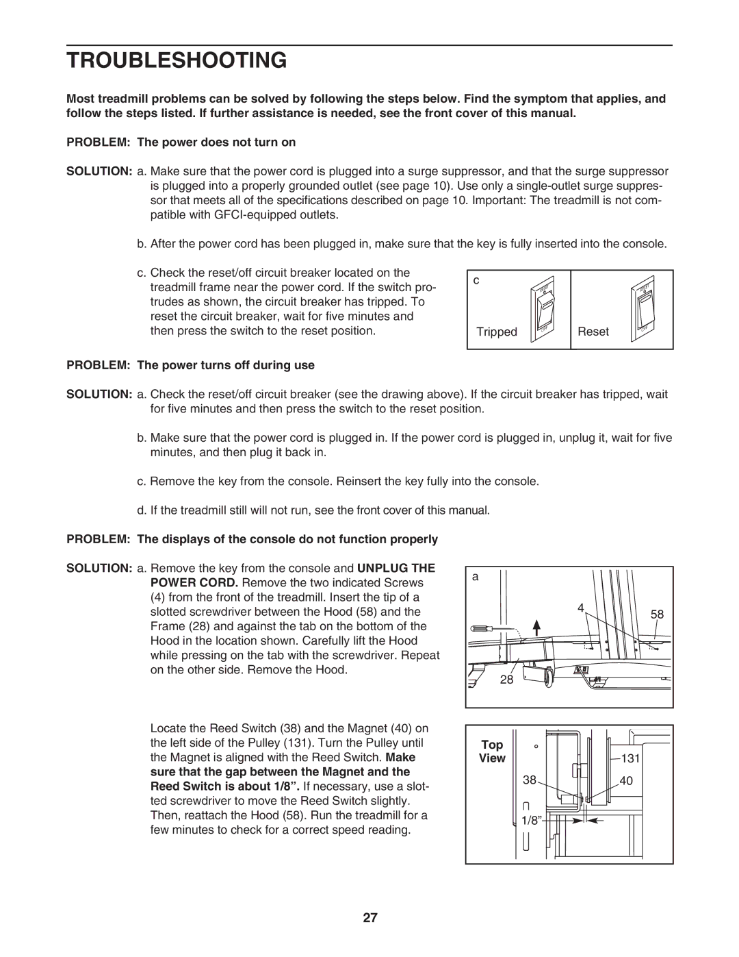 NordicTrack NTL1795.2 user manual Troubleshooting, Problem The power turns off during use, Top 