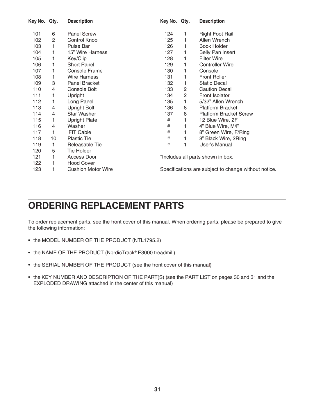 NordicTrack NTL1795.2 user manual Ordering Replacement Parts 