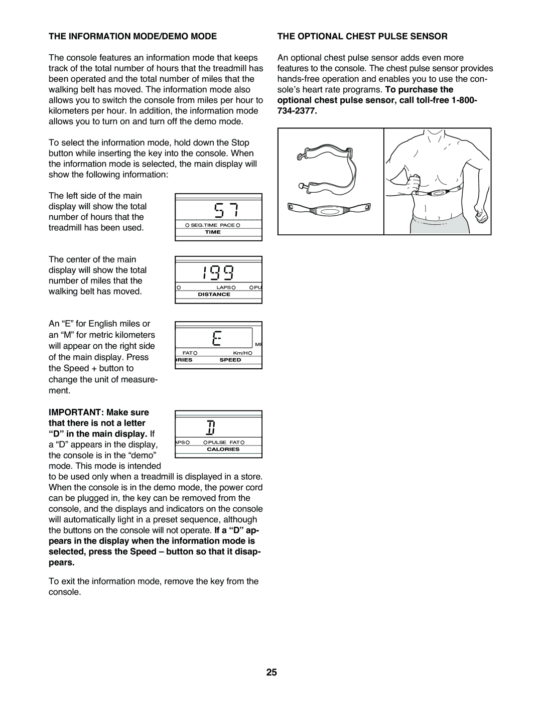 NordicTrack NTL18530 user manual Information MODE/DEMO Mode, Optional Chest Pulse Sensor 