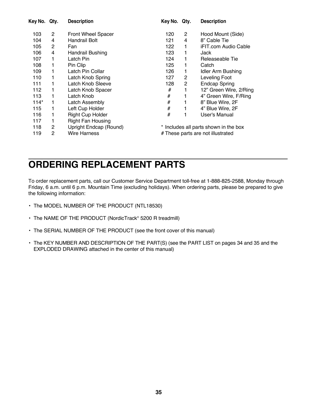 NordicTrack NTL18530 user manual Ordering Replacement Parts 