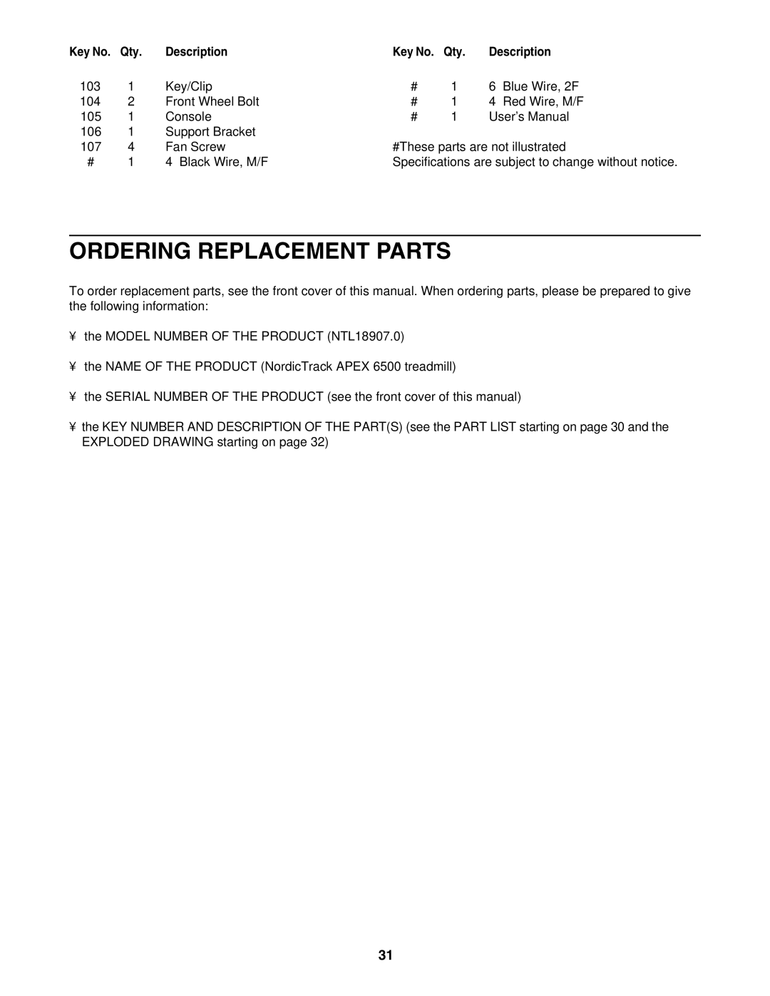 NordicTrack NTL18907.0 user manual Ordering Replacement Parts 