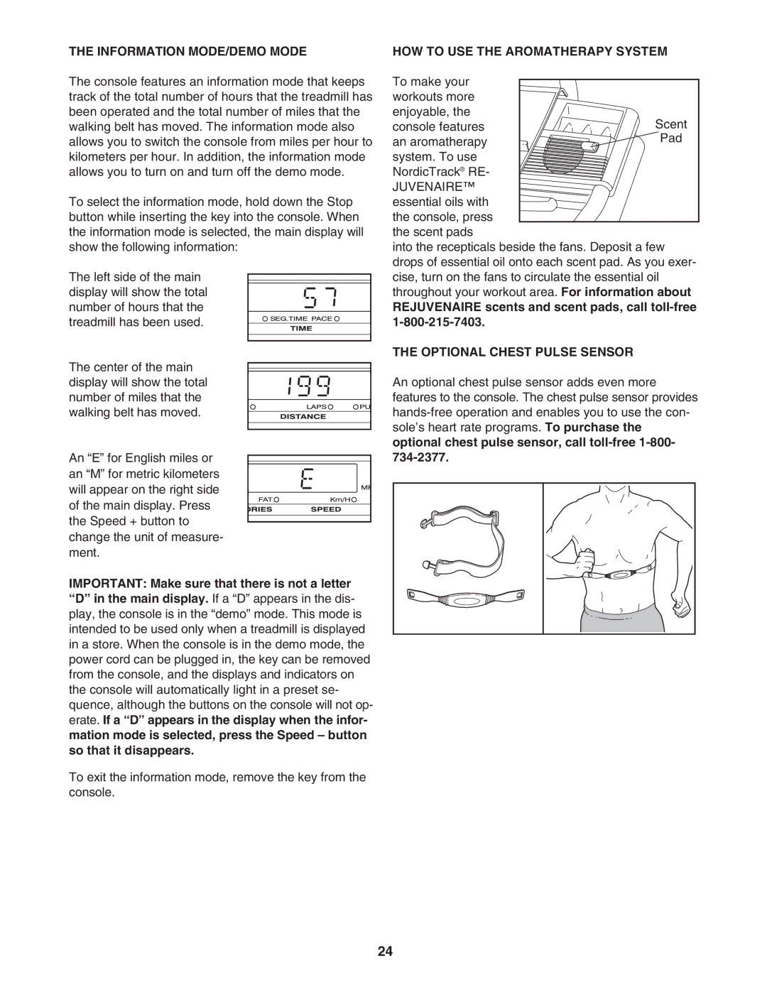 NordicTrack NTL18940 Information MODE/DEMO Mode, HOW to USE the Aromatherapy System, Optional Chest Pulse Sensor 