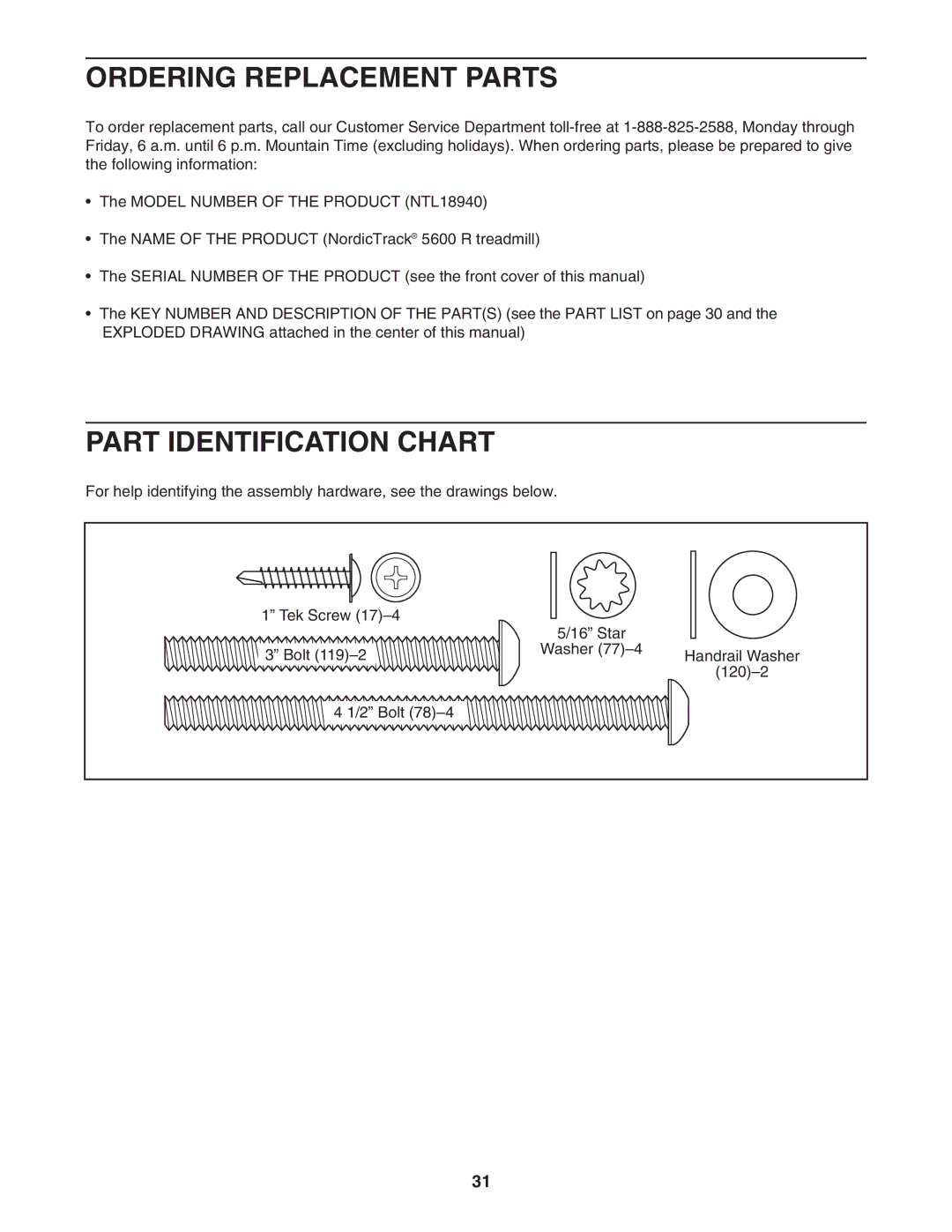 NordicTrack NTL18940 user manual Ordering Replacement Parts, Part Identification Chart 