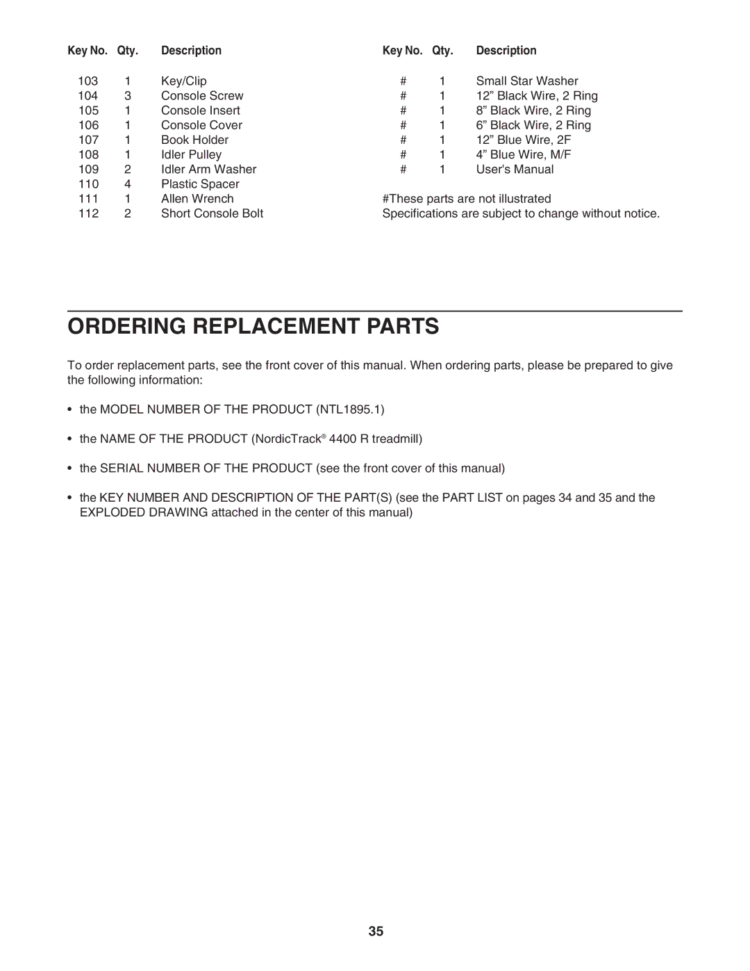 NordicTrack NTL1895.1 user manual Ordering Replacement Parts 