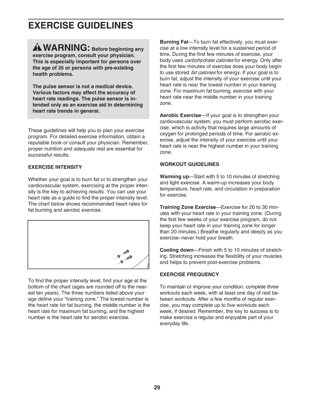 NordicTrack NTL19007.0 user manual Exercise Guidelines, Exercise Intensity, Workout Guidelines, Exercise Frequency 