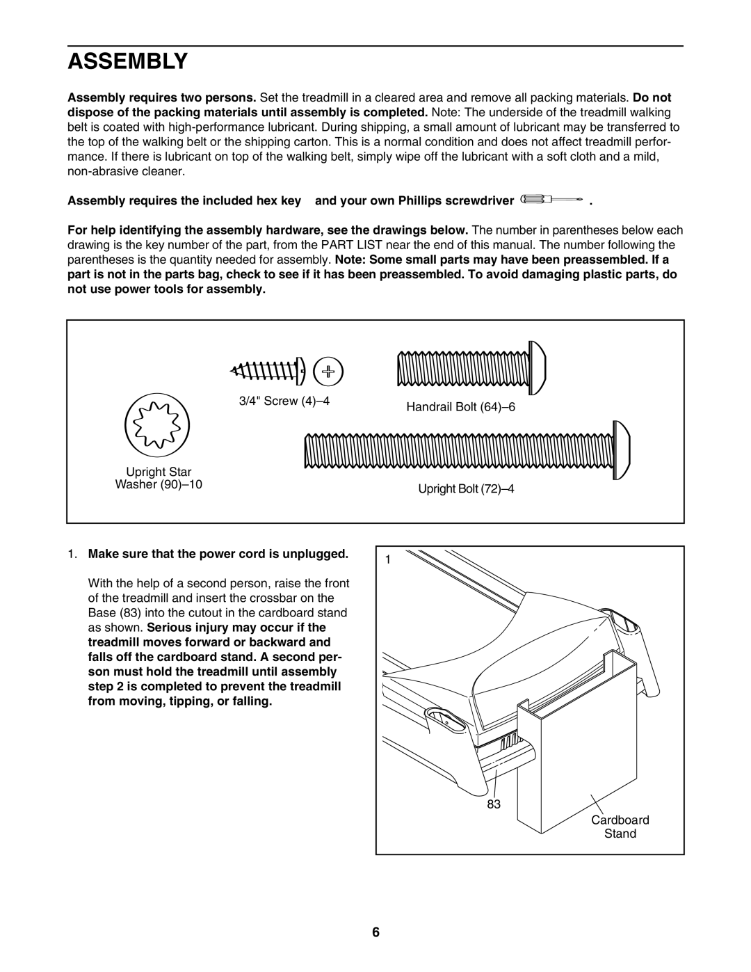 NordicTrack NTL19007.0 user manual Assembly, Make sure that the power cord is unplugged 