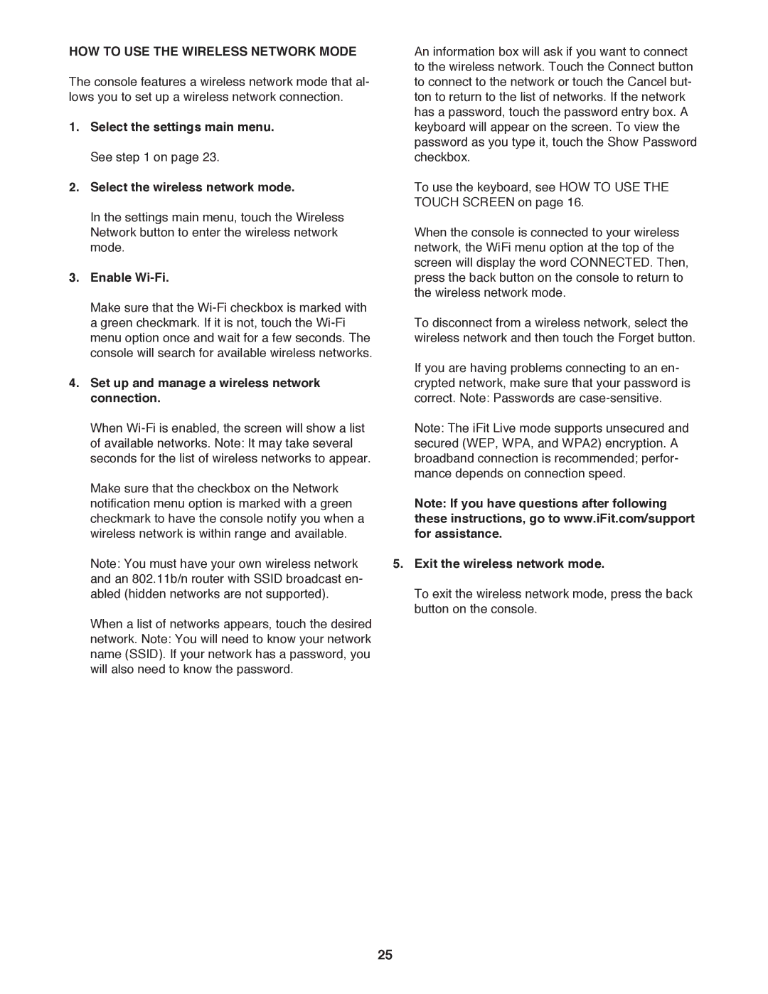 NordicTrack NTL19010.0 HOW to USE the Wireless Network Mode, Enable Wi-Fi, Set up and manage a wireless network connection 