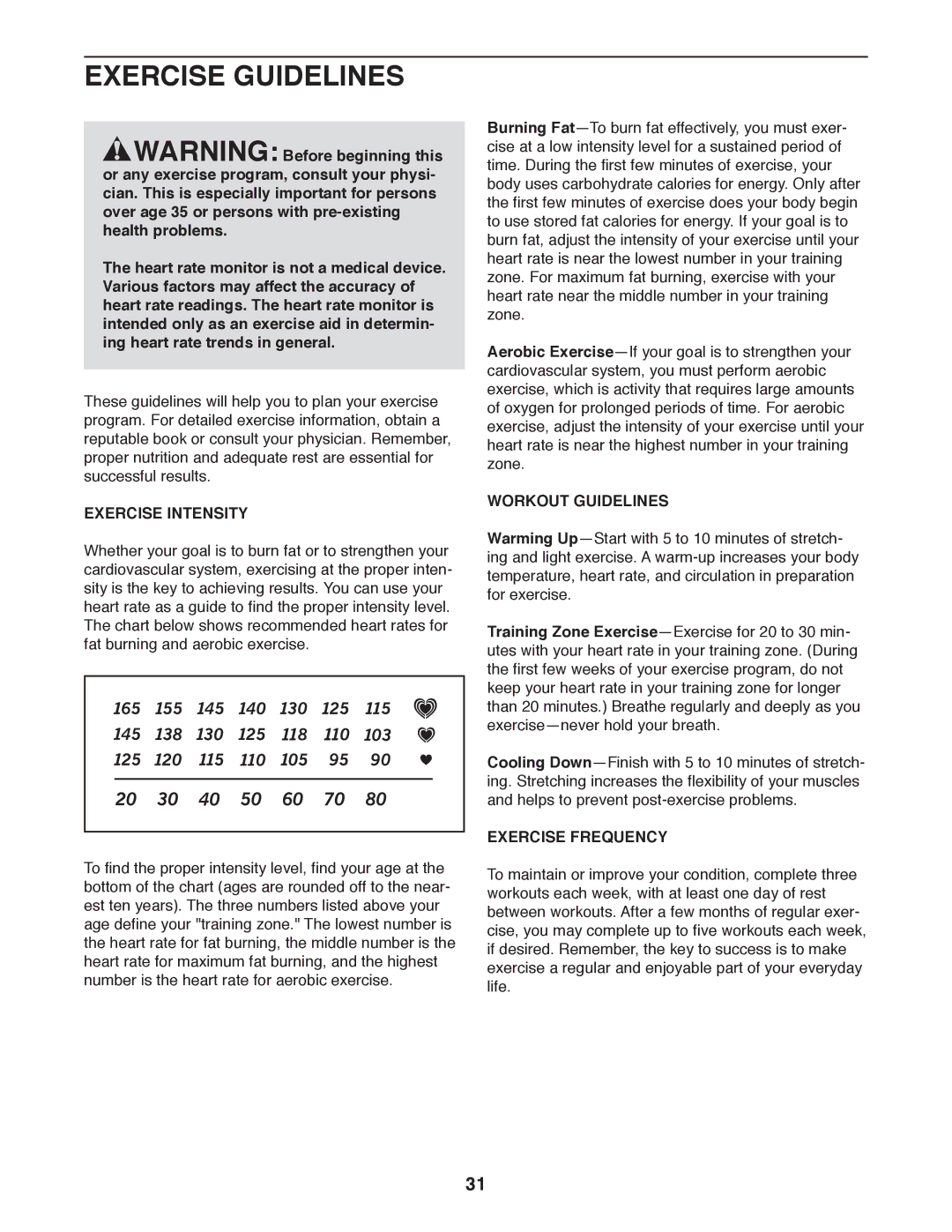 NordicTrack NTL19010.0 user manual Exercise Guidelines, Exercise Intensity, Workout Guidelines, Exercise Frequency 