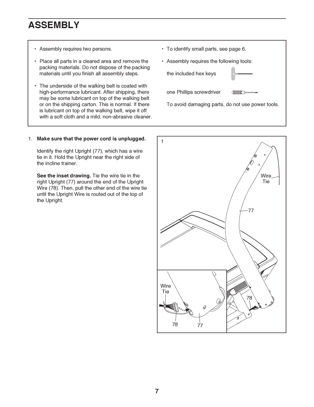 NordicTrack NTL19010.0 Assembly, Make sure that the power cord is unplugged, See the inset drawing. Tie the wire tie 