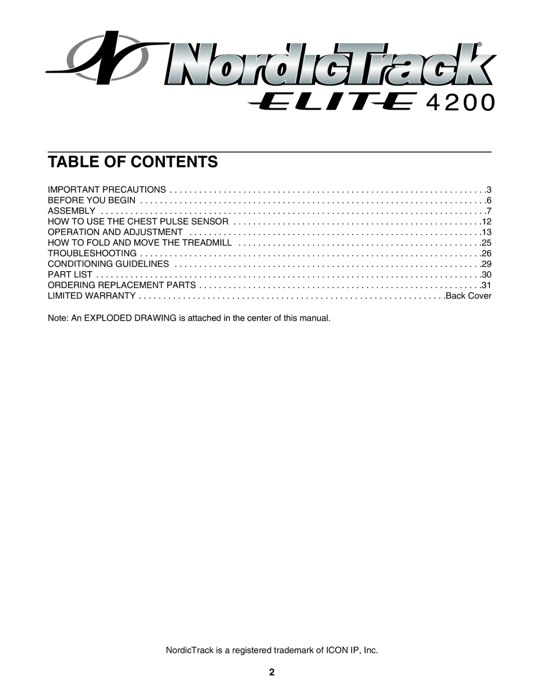 NordicTrack NTL19806.0 user manual Table of Contents 