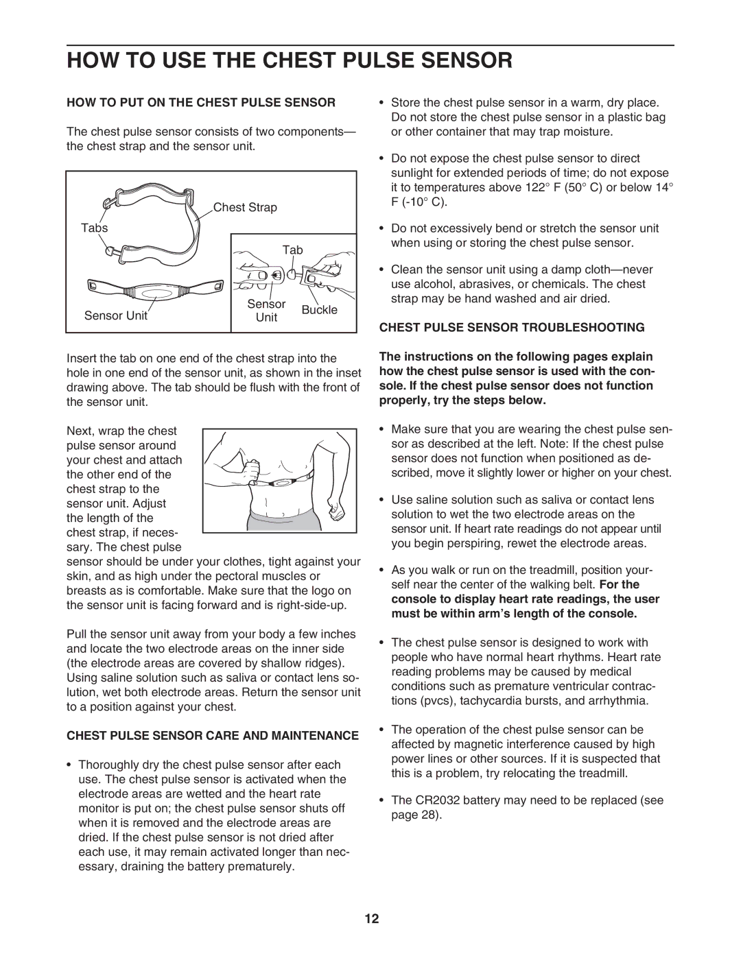 NordicTrack NTL19806.3 user manual HOW to USE the Chest Pulse Sensor, HOW to PUT on the Chest Pulse Sensor 