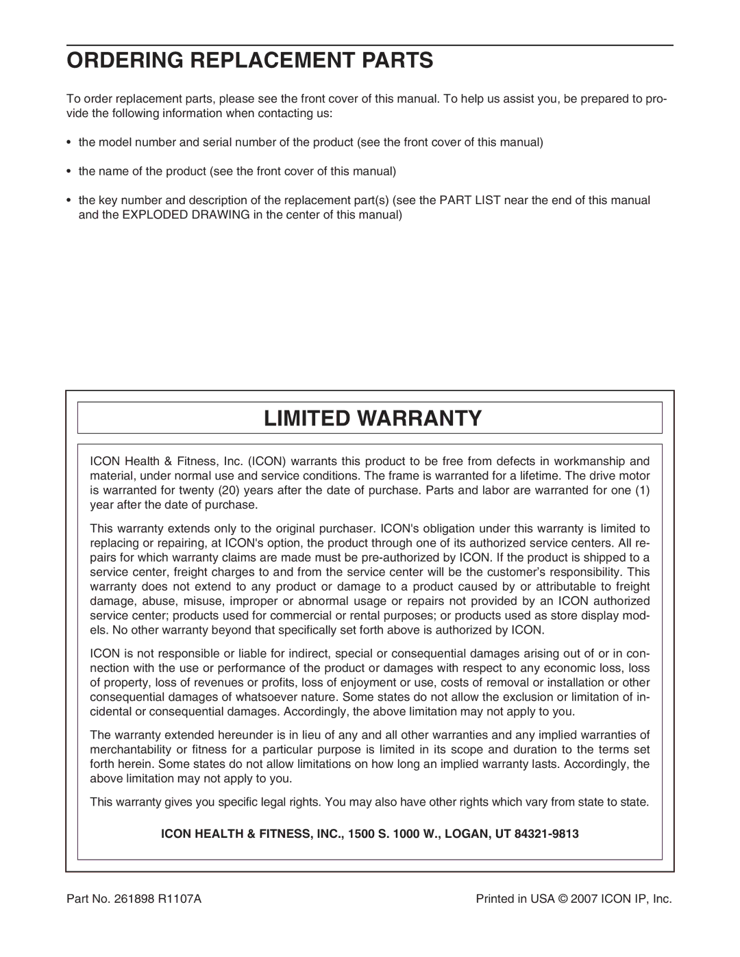 NordicTrack NTL19806.3 Ordering Replacement Parts, Limited Warranty, Icon Health & FITNESS, INC., 1500 S W., LOGAN, UT 