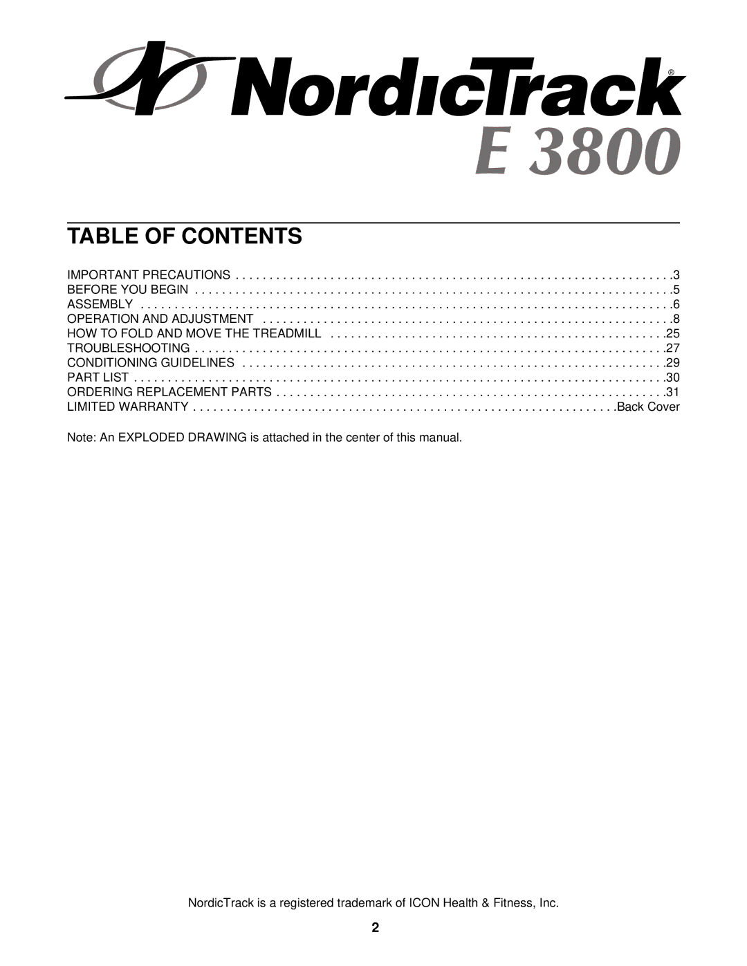 NordicTrack NTL19920 user manual Table of Contents 