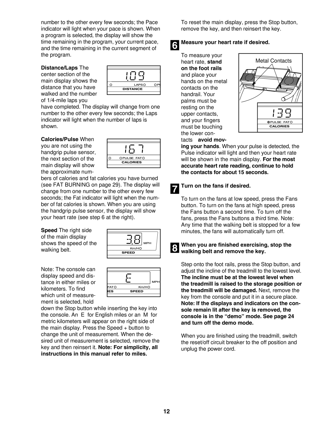 NordicTrack NTL19921 Distance/Laps-The, Calories/Pulse-When, Measure your heart rate if desired, Tacts-avoid mov 