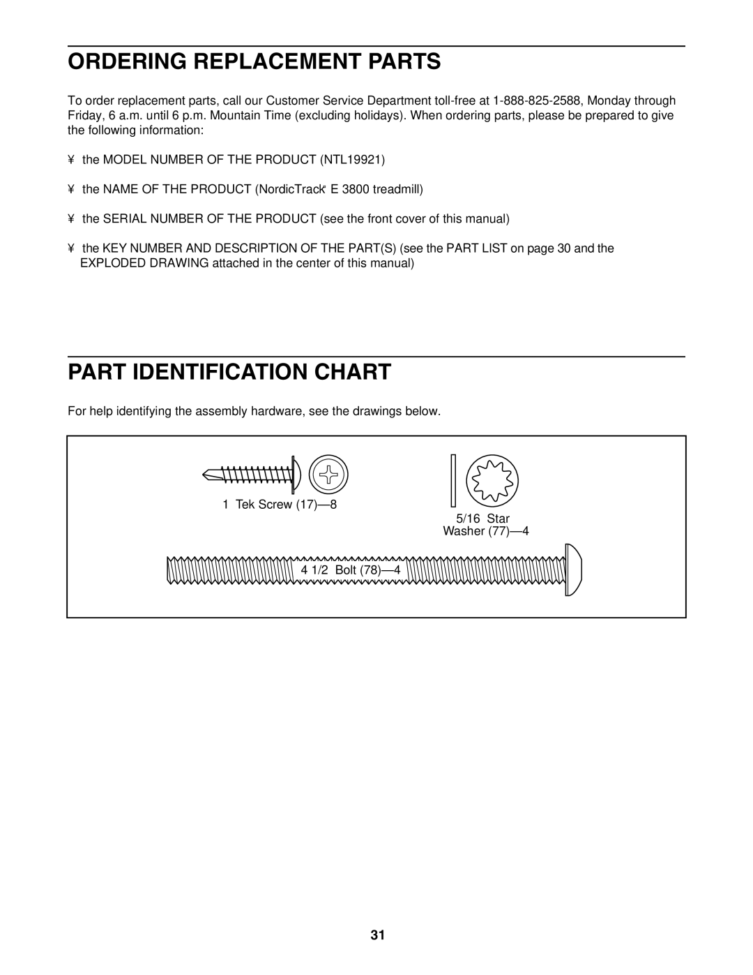 NordicTrack NTL19921 user manual Ordering Replacement Parts, Part Identification Chart 