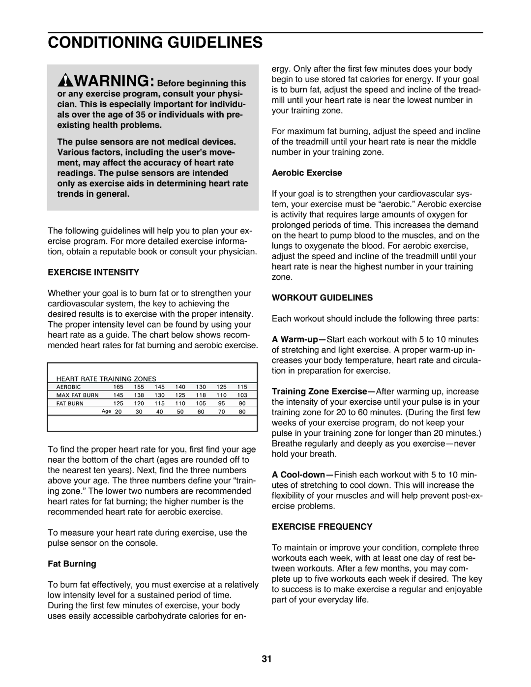 NordicTrack NTL19940 user manual Conditioning Guidelines, Exercise Intensity, Workout Guidelines, Exercise Frequency 