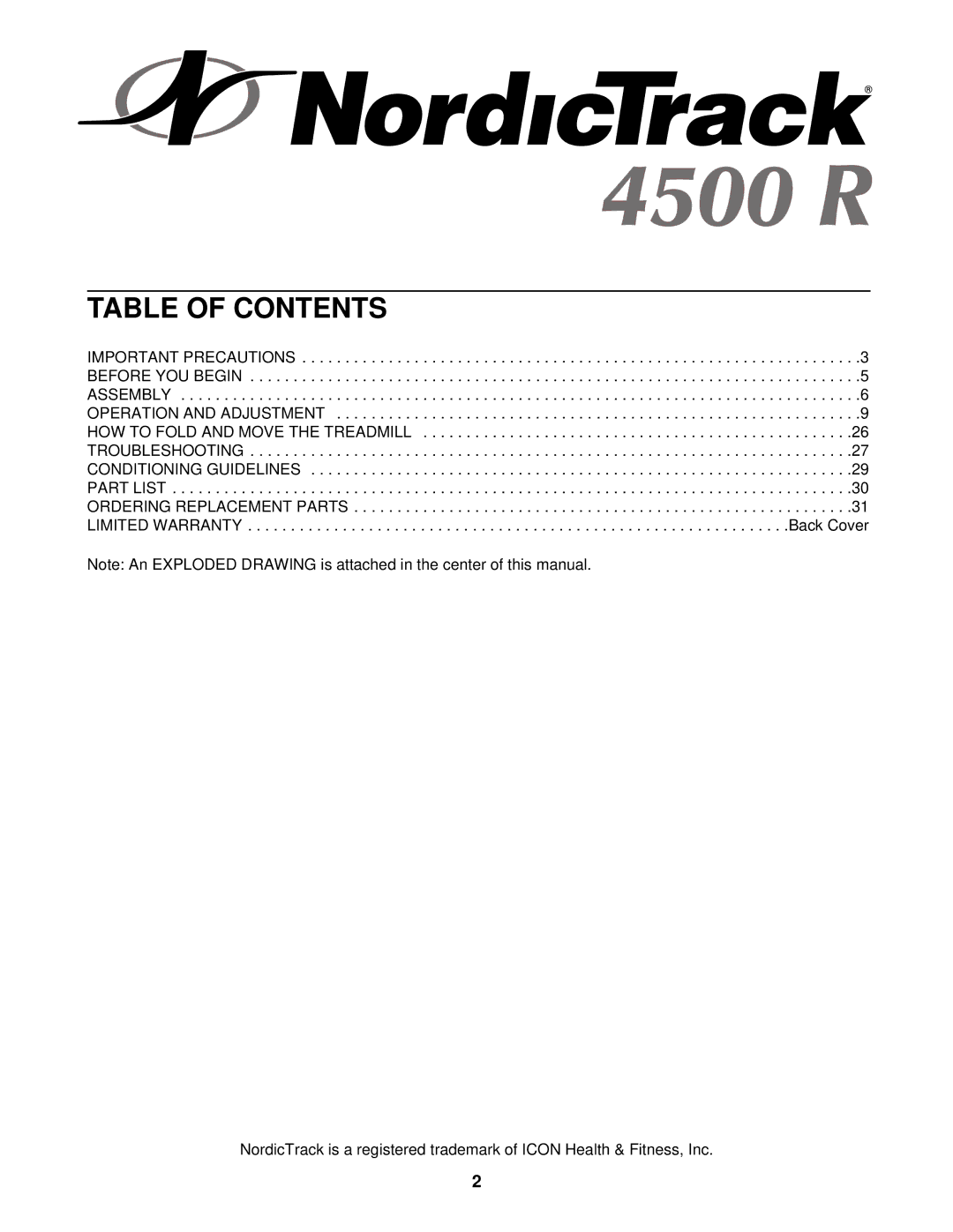 NordicTrack NTL20920 user manual Table of Contents 