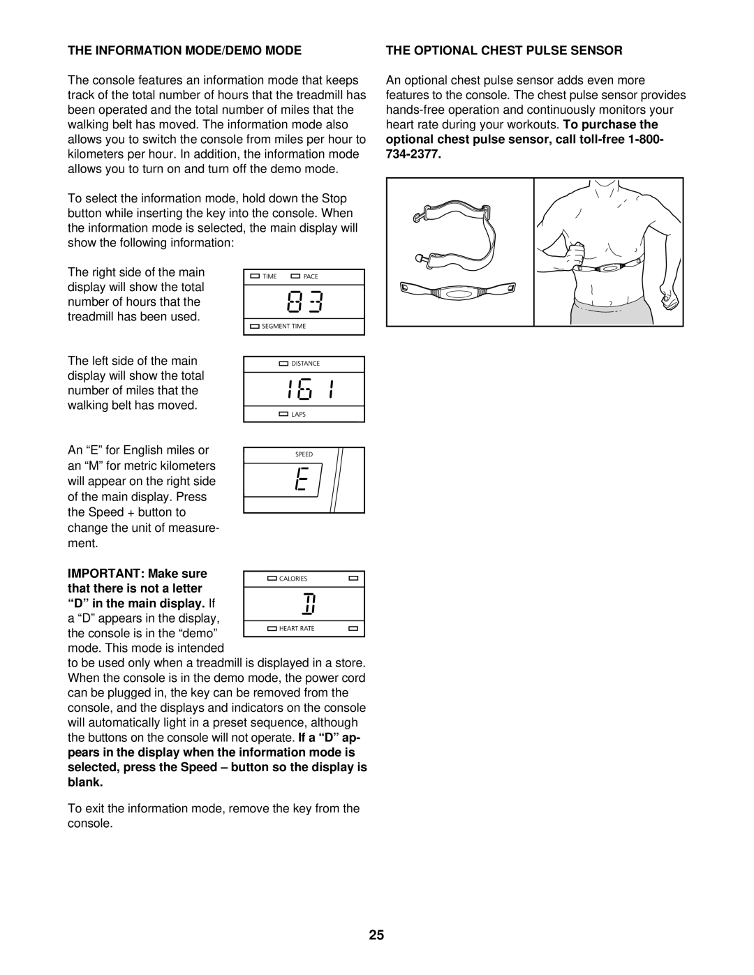 NordicTrack NTL20920 user manual Information MODE/DEMO Mode, Optional Chest Pulse Sensor 