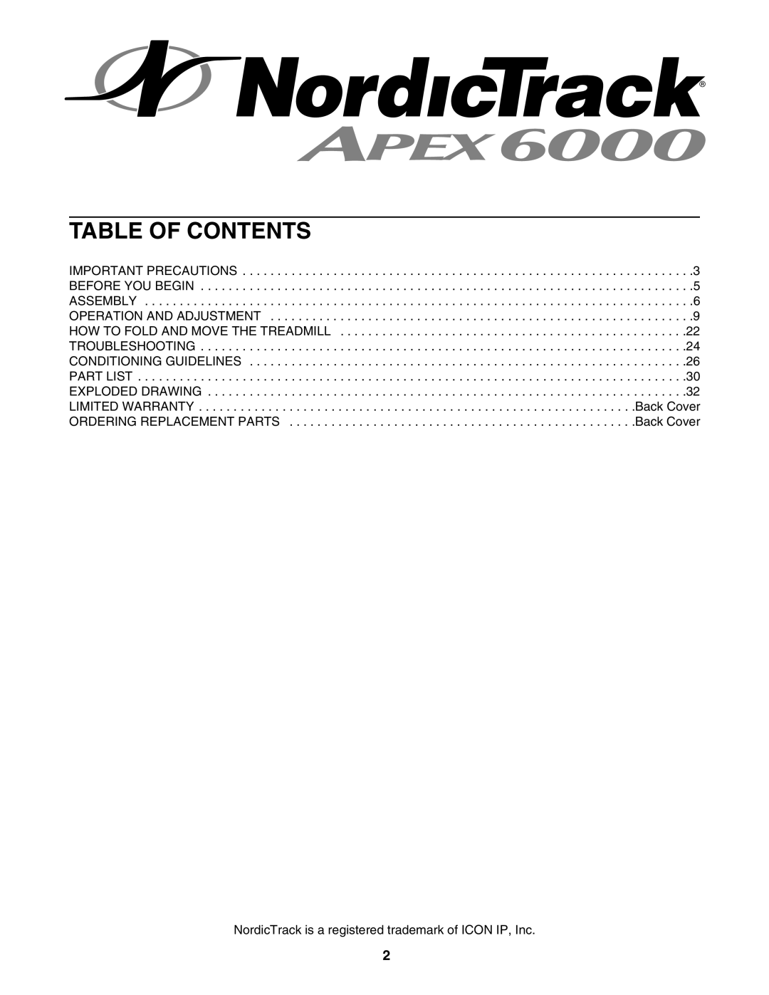 NordicTrack NTL21005.0 user manual Table of Contents 